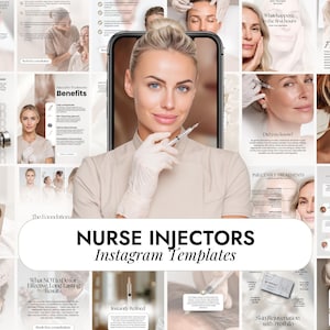 Puede incluir: Imagen promocional para "NURSE INJECTORS Instagram Templates". La imagen presenta a una mujer sosteniendo una jeringa, rodeada de gráficos informativos sobre tratamientos inyectables. La paleta de colores es neutra, con tonos beige y blanco, y el texto está en una fuente limpia y moderna.