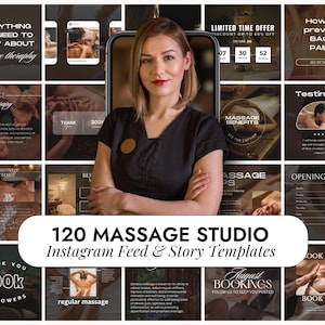 Può includere: Un collage di immagini che promuovono uno studio di massaggi. Le immagini mostrano una donna in uniforme nera, un massaggiatore che lavora su un cliente e del testo che dice "120 modelli di feed e storie Instagram per studio di massaggi".