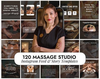 May include: A collage of images promoting a massage studio. The images feature a woman in a black uniform, a massage therapist working on a client, and text that says "120 Massage Studio Instagram Feed & Story Templates".