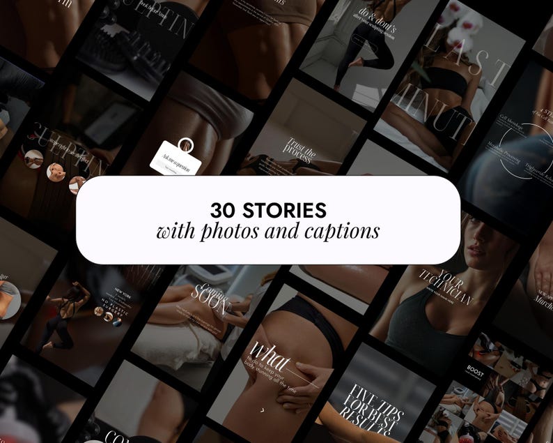 May include: A collage of images with a white rounded rectangle in the center, displaying the text "30 STORIES with photos and captions". The images are fitness-related, with text overlays like "do & don'ts" and "Trust the process".