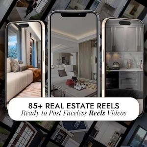 Puede incluir: Un collage de im&aacute;genes que muestran m&aacute;s de 85 carretes inmobiliarios, listos para publicar videos de carretes sin rostro. Las im&aacute;genes presentan varias tomas interiores de casas, incluidas salas de estar, cocinas y dormitorios.