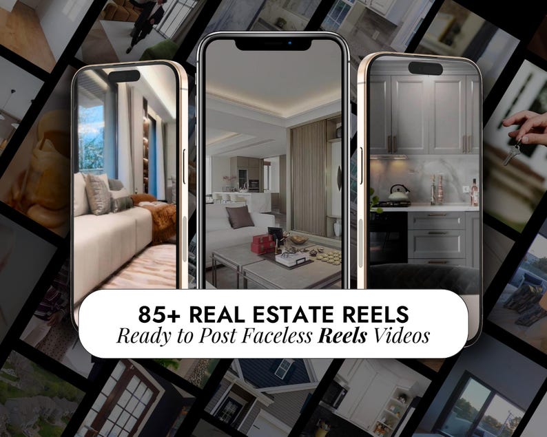 Puede incluir: Un collage de im&aacute;genes que muestran m&aacute;s de 85 carretes inmobiliarios, listos para publicar videos de carretes sin rostro. Las im&aacute;genes presentan varias tomas interiores de casas, incluidas salas de estar, cocinas y dormitorios.