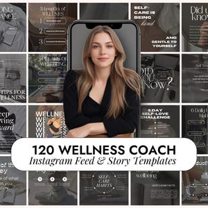 May include: A collage of 12 Instagram story templates for wellness coaches. The templates feature a variety of designs, including text, images, and graphics. The templates are designed to help wellness coaches promote their services and connect with their clients.