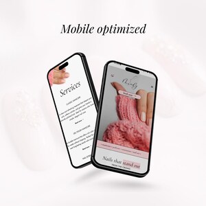 May include: Two smartphones displaying a nail salon website. One screen shows services, the other features a hand with a pink sweater and nail design. Text reads "Mobile optimized" and "Nails that stand out from the crowd."