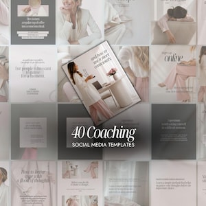 Könnte beinhalten: Eine Sammlung von 40 Social-Media-Vorlagen für Coaching mit einer weichen, neutralen Farbpalette in Hellrosa und Weiß. Die Designs umfassen verschiedene Layouts mit Serifenschrift, Lifestyle-Fotografie und Text-Overlays für den professionellen Einsatz.