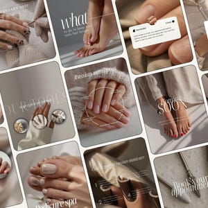 May include: A collection of social media tiles featuring nail care content, including close-ups of manicured and pedicured nails, professional tools, appointment reminders, and text overlays such as Russian mani pros and Book your appointment.