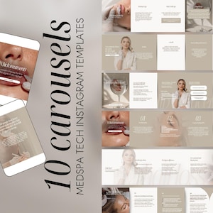 May include: A digital marketing image featuring 10 Medspa Tech Instagram templates. The templates showcase beauty treatments, with text and images of lips, faces, and a woman in a white coat. The templates are in shades of beige and white.