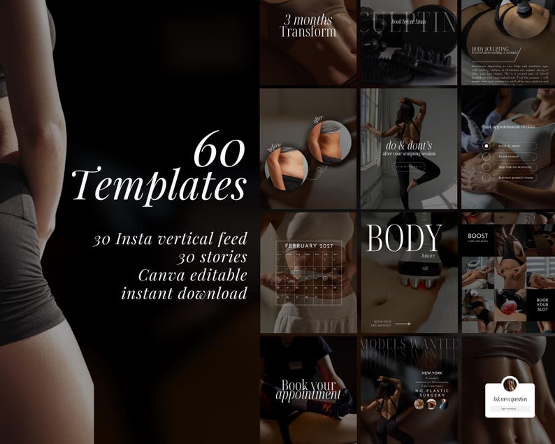 May include: A promotional image with a grid of fitness-related content. The central text reads "60 Templates" with details about Insta feeds, stories, and Canva editing. Additional text includes "3 months Transform" and "Book your appointment."