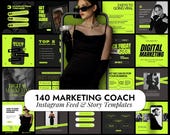 140 Neon Marketing Coach Templates | Social Media Manager Templates | Instagram Marketing Templates | Canva Coaching|Social Media Green Neon