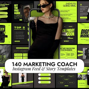 140 Neon Marketing Coach Templates | Social Media Manager Templates | Instagram Marketing Templates | Canva Coaching|Social Media Green Neon