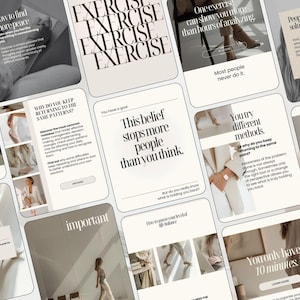 Könnte beinhalten: Eine Sammlung digitaler Social-Media-Vorlagen in einer neutralen beige-weißen Farbpalette mit schwarzer Serifenschrift. Die Designs umfassen verschiedene Layouts mit motivierenden Texten, Lifestyle-Fotografie und Schaltflächen zur Interaktion.