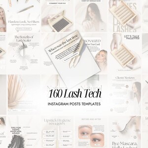 Pode incluir: Uma colagem de modelos de posts do Instagram para técnicos de cílios. Os modelos apresentam imagens de extensões de cílios, paletas e fotos de antes e depois. O texto inclui "160 Lash Tech" e várias dicas.