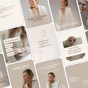 May include: A collection of social media templates featuring a neutral beige color palette with serif typography. The designs include various coaching-related text overlays such as How to build healthy boundaries in 3 steps and Habits worth reviewing.