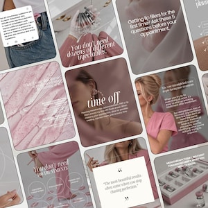 May include: A collection of social media graphics featuring aesthetic imagery of cosmetic injectables, medical vials, and skincare-related text overlays. The visuals include soft pink tones, clinical tools, and professional advice regarding mesotherapy and lip filler treatments.