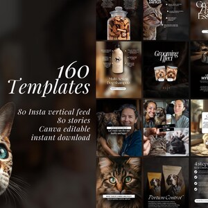 Op de afbeelding: Een promotieafbeelding met 160 sjablonen voor sociale media voor huisdieren. De sjablonen bevatten 80 Instagram verticale feed-ontwerpen en 80 stories, allemaal bewerkbaar in Canva en direct te downloaden. Afbeeldingen van katten, honden en gerelateerde producten.
