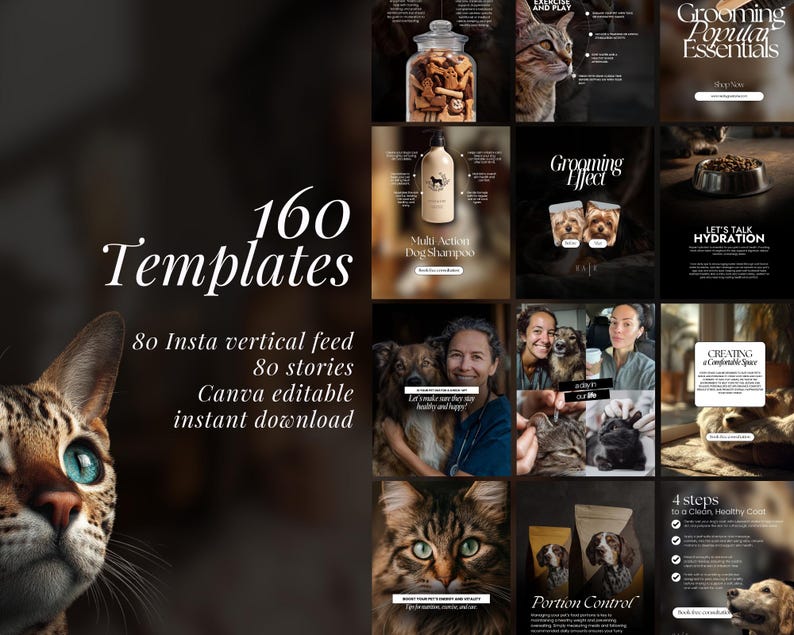 Op de afbeelding: Een promotieafbeelding met 160 sjablonen voor sociale media voor huisdieren. De sjablonen bevatten 80 Instagram verticale feed-ontwerpen en 80 stories, allemaal bewerkbaar in Canva en direct te downloaden. Afbeeldingen van katten, honden en gerelateerde producten.