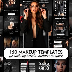 Puede incluir: Un collage de imágenes en blanco y negro, que muestra técnicas y productos de maquillaje. La imagen central muestra a una mujer aplicándose maquillaje. El texto dice: "160 MAKEUP TEMPLATES for makeup artists, studios and more."