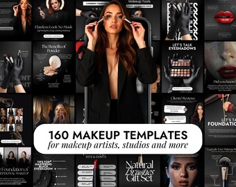 160 Makeup Instagram Templates | MUA Artist Social Media Posts | Makeup Studio Canva Templates | Dark Aesthetics Instagram Feed | Branding