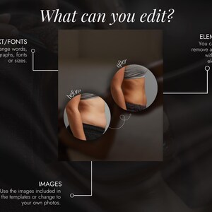May include: A dark background with the text "What can you edit?" and descriptions of editing options. Two circular images show a before and after body transformation. Text includes "TEXT/FONTS", "ELEMENTS", and "IMAGES".