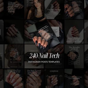 Könnte beinhalten: Eine Collage von Instagram-Post-Vorlagen für Nageltechniker. Die Vorlagen zeigen Bilder von manikürten Nägeln in verschiedenen Stilen, zusammen mit Text-Overlays, die Tipps und Informationen zur Nagelpflege bieten. Das zentrale Bild zeigt den Text "240 Nail Tech Instagram Posts Templates."