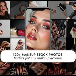 Pode incluir: Uma colagem de produtos e ferramentas de maquiagem. Inclui um close-up do rosto de uma mulher com batom e sombra vermelhos, pincéis de maquiagem, paletas e batom. O texto diz: "120+ MAKEUP STOCK PHOTOS perfect for any makeup account."