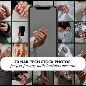 May include: A collage of 70 stock photos featuring various nail art designs and manicures. The photos showcase different nail shapes, colors, and styles, including long, short, square, and oval nails. The photos are perfect for promoting nail salons, nail technicians, and nail products.