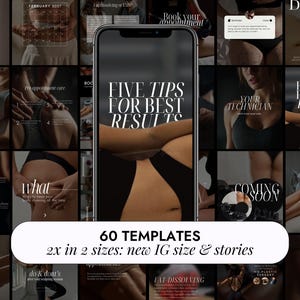 May include: A collage of social media templates with a beauty and wellness theme. The central image on a phone screen reads "FIVE TIPS FOR BEST RESULTS." The text "60 TEMPLATES" and "2x in 2 sizes: new IG size & stories" are also visible.