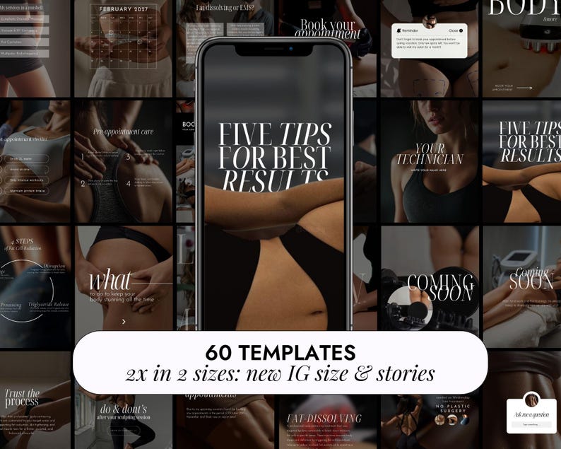 May include: A collage of social media templates with a beauty and wellness theme. The central image on a phone screen reads "FIVE TIPS FOR BEST RESULTS." The text "60 TEMPLATES" and "2x in 2 sizes: new IG size & stories" are also visible.