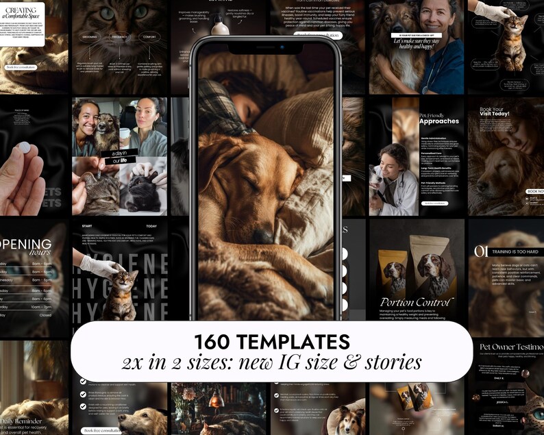 Op de afbeelding: Een verzameling Instagram-sjablonen voor huisdiergerelateerde content. De afbeelding toont een telefoon met een hond en een persoon, omringd door verschillende afbeeldingen van huisdierverzorging en levensstijl. Tekst luidt "160 SJABLONEN 2x in 2 maten: nieuw IG-formaat & verhalen."