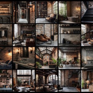 Op de afbeelding: Een collage van afbeeldingen die een modern industrieel loft appartement tonen met blootliggende bakstenen muren, metalen accenten en grote ramen. De afbeeldingen tonen verschillende kamers, waaronder een woonkamer, slaapkamer, keuken, badkamer en gang. De algehele esthetiek is strak en modern, met een focus op natuurlijk licht en open ruimtes.