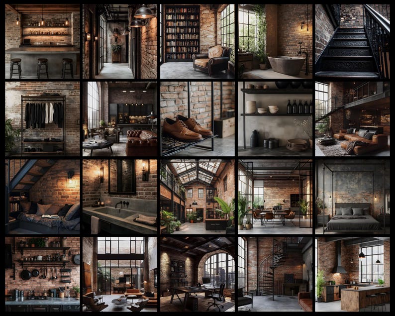 Op de afbeelding: Een collage van afbeeldingen die een modern industrieel loft appartement tonen met blootliggende bakstenen muren, metalen accenten en grote ramen. De afbeeldingen tonen verschillende kamers, waaronder een woonkamer, slaapkamer, keuken, badkamer en gang. De algehele esthetiek is strak en modern, met een focus op natuurlijk licht en open ruimtes.
