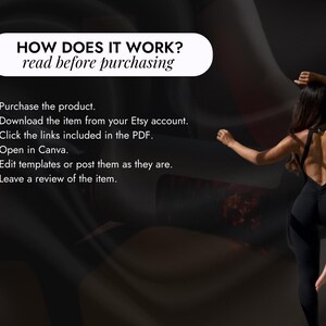 May include: Image with text: "HOW DOES IT WORK? read before purchasing" followed by numbered steps. A person in a black jumpsuit is in a dance pose. The background is a dark, blurred gradient.