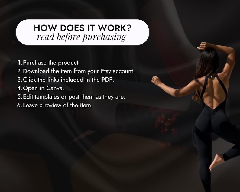 May include: Image with text: "HOW DOES IT WORK? read before purchasing" followed by numbered steps. A person in a black jumpsuit is in a dance pose. The background is a dark, blurred gradient.