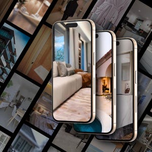 Puede incluir: Tres tel&eacute;fonos inteligentes de color dorado que muestran diferentes fotos de dise&ntilde;o de interiores. El primer tel&eacute;fono muestra una sala de estar con un sof&aacute; grande y una alfombra estampada. El segundo tel&eacute;fono muestra un patio con una chimenea y una piscina. El tercer tel&eacute;fono muestra un ba&ntilde;o con un espejo grande y azulejos de m&aacute;rmol.