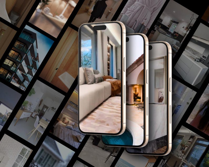 Puede incluir: Tres tel&eacute;fonos inteligentes de color dorado que muestran diferentes fotos de dise&ntilde;o de interiores. El primer tel&eacute;fono muestra una sala de estar con un sof&aacute; grande y una alfombra estampada. El segundo tel&eacute;fono muestra un patio con una chimenea y una piscina. El tercer tel&eacute;fono muestra un ba&ntilde;o con un espejo grande y azulejos de m&aacute;rmol.
