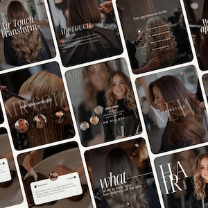 Peut inclure: Un collage de graphiques pour réseaux sociaux présentant des services de salon de coiffure, avec des superpositions de texte comme Air Touch Transform, Models Wanted et des rappels de rendez-vous, illustrant diverses coiffures et techniques.