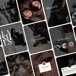 Peut inclure: Une grille de graphiques pour réseaux sociaux présentant des services d'extensions de cils, avec des textes comme Lash Aftercare, New Appointments, Lash Extensions, Our Tools, Lash Prep et Ask Me A Question, illustrés par des yeux et des outils.