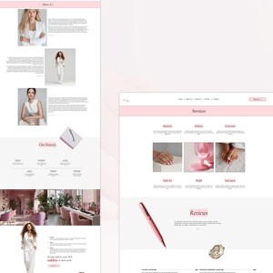 May include: A website design with a soft pink and white color scheme. The design includes sections for "About Us," "Services," and "Reviews." Images of people, nail services, and a pen are featured. The overall aesthetic is clean and modern.