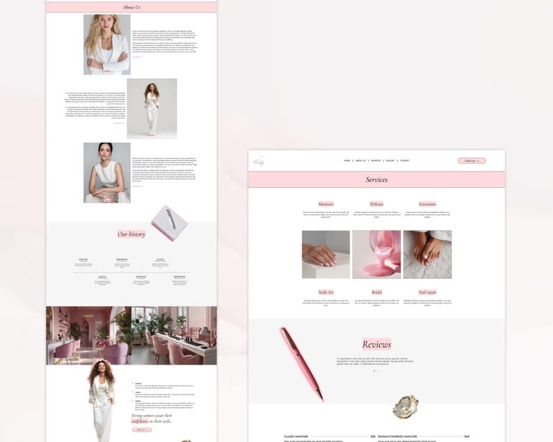 May include: A website design with a soft pink and white color scheme. The design includes sections for "About Us," "Services," and "Reviews." Images of people, nail services, and a pen are featured. The overall aesthetic is clean and modern.