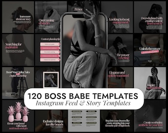 Könnte beinhalten: Eine Collage aus 120 Instagram-Feed- und Story-Vorlagen für Social-Media-Marketing. Die Vorlagen haben ein Schwarz-Weiß-Farbschema mit rosa Akzenten. Der Text "120 BOSS BABE TEMPLATES" wird in einer großen, fetten Schrift dargestellt.