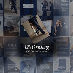 Może przedstawiać: Kolekcja 120 szablonów do mediów społecznościowych dla coachingu, z ciemnoniebieską i beżową kolorystyką, krojami pisma szeryfowego oraz różnymi układami, w tym slajdami informacyjnymi z dużą ilością tekstu, cytatami i zdjęciami osoby w ciemnych spodniach.