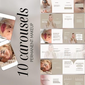 May include: A digital marketing presentation titled "10 carousels PERMANENT MAKEUP" with a light brown and white color scheme. The presentation includes images of lip and eyebrow permanent makeup procedures, and a blonde woman.