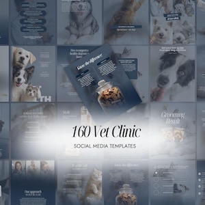 Pode incluir: Uma coleção de 160 modelos de mídia social para clínicas veterinárias. Os modelos apresentam imagens de cães e gatos, juntamente com texto sobre cuidados com animais de estimação, nutrição e higiene. O esquema de cores é principalmente azul e branco.