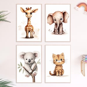 Animales bonitos, imágenes infantiles, juego de 4 carteles, impresión A4 de alta calidad, imágenes para habitaciones infantiles, habitaciones de bebé, oso koala, elefante, gato, jirafa, póster de pared