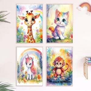 Mundo animal mágico para la habitación de los niños, juego de 4 pósteres, cuadros de pared DIN A4 con unicornio, jirafa, mono y gato | Decoración de habitación de bebé