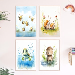 Lindo mundo animal del bosque, juego de 4 carteles, alta calidad A4, imágenes infantiles, habitación infantil | Erizos, abejas, tortugas y caracoles, decoración de habitación de bebé