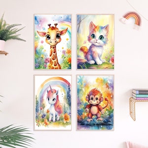 Lindo mundo animal, habitación infantil, cuadro de pared, unicornio, jirafa, mono, gato, habitación de bebé, imágenes infantiles, juego de 4 pósteres, DINA 4 y DIN A3