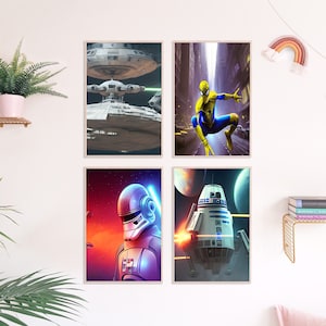 Espacio, imágenes infantiles, juego de 4 carteles, impresión A4 de alta calidad, imágenes para habitaciones infantiles, robots de naves espaciales, superhéroes, imágenes de pared