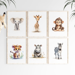 Motivos de animales de safari, juego de 6 carteles, descarga digital, DIN A3 y DIN A4, imágenes infantiles, habitación infantil, jirafa, león, mono, cebra, elefante