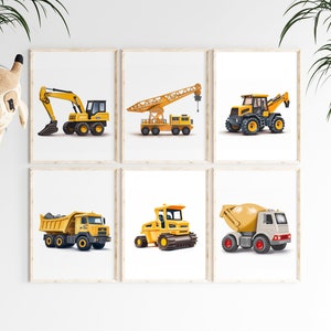 En la obra, juego de 6 carteles, descarga digital, DIN A3 y A4, imágenes infantiles, habitación infantil, excavadora, maquinaria de construcción, imágenes de pared, póster